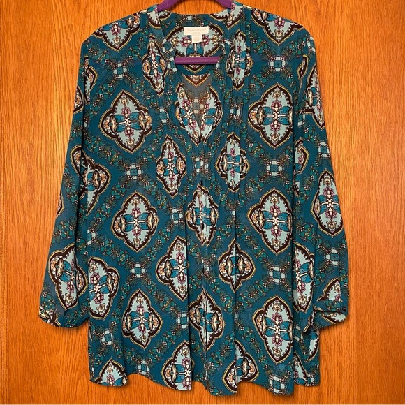 Charter Club XL-Petite Teal Paisley Blouse V-Neck Pin Tuck Pleats 3/4 sl… - Picture 1 of 14